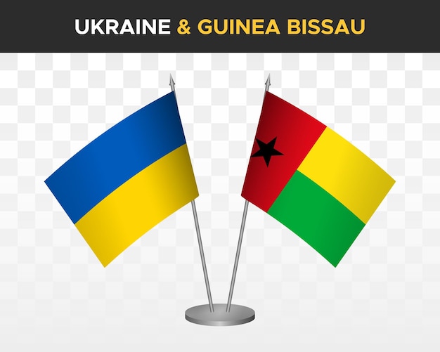 Drapeaux De Bureau De L'ukraine Et De La Guinée Bissau Isolés Sur Des Drapeaux De Table D'illustration Vectorielle 3d Blancs