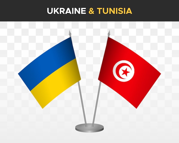 Drapeaux de bureau de l'Ukraine et de la Tunisie isolés sur des drapeaux de table d'illustration vectorielle 3d blancs