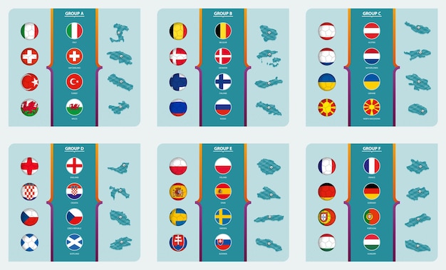 Vecteur drapeaux et carte isométrique avec terrain de football de la compétition de football europe 2020 triés par groupe. collection de vecteurs.