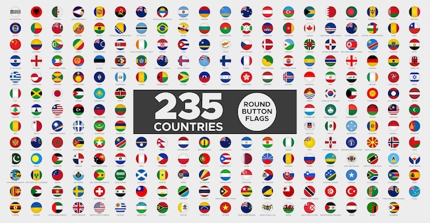 Vecteur drapeaux nationaux de tous les pays dans un style de bouton rond avec des noms drapeaux du monde alphabétiques