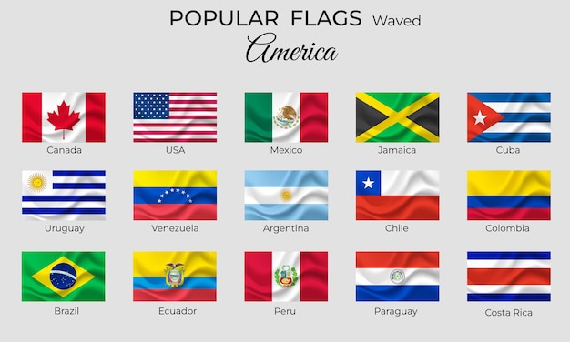Drapeaux ondulés des pays américains Icône du drapeau de l'Amérique ensemble de conception ondulée 3D Coloration officielle Vector