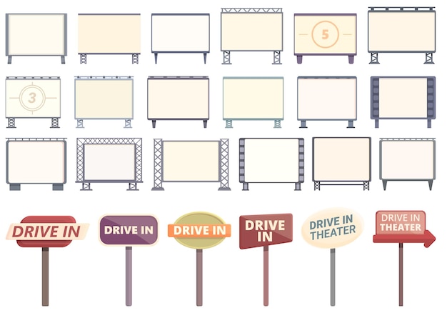 Vecteur drivein cinema icons set cartoon vector movie drive