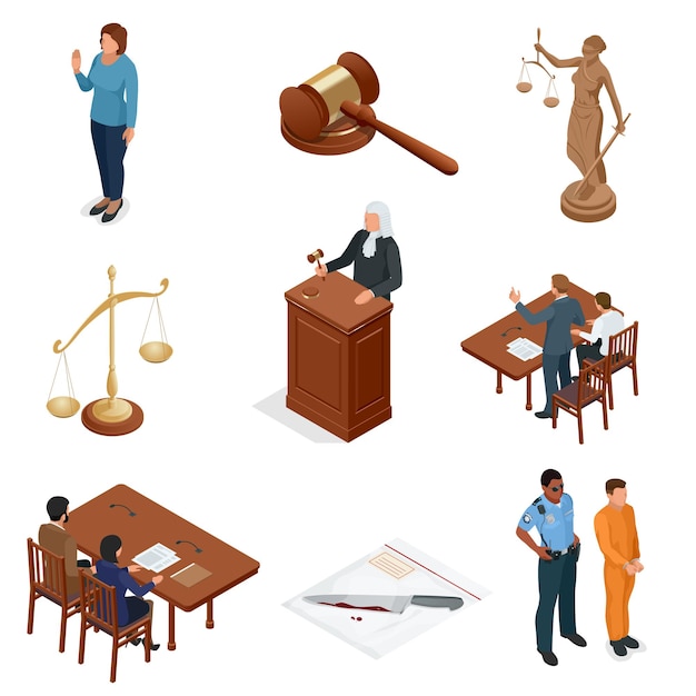 Vecteur droit et justice isométriques. symboles des réglementations légales. ensemble d'icônes juridiques. juridique juridique, tribunal et jugement, loi et marteau, illustration vectorielle.