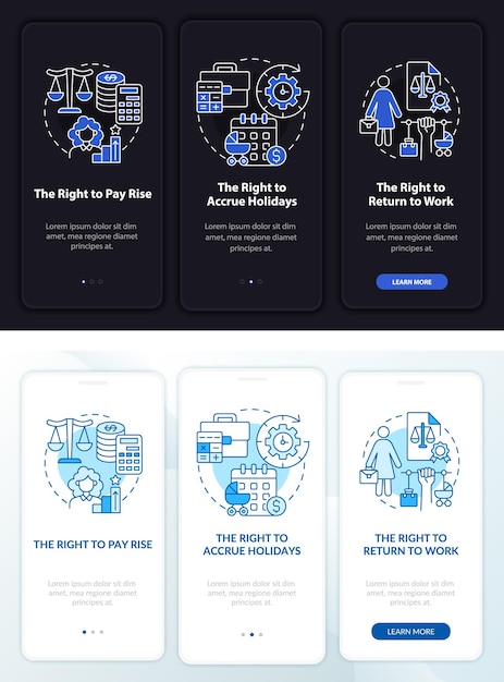 Droits De Congé De Maternité, écran De La Page D'accueil De L'application Mobile Sombre Et Clair. Instructions Graphiques Pas à Pas En 3 étapes Avec Des Concepts. Modèle Vectoriel Ui, Ux, Gui Avec Illustrations Linéaires En Mode Jour Et Nuit
