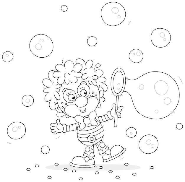 Vecteur un drôle de clown de cirque bouclé soufflant des bulles de savon dans une représentation amusante pour les petits enfants.