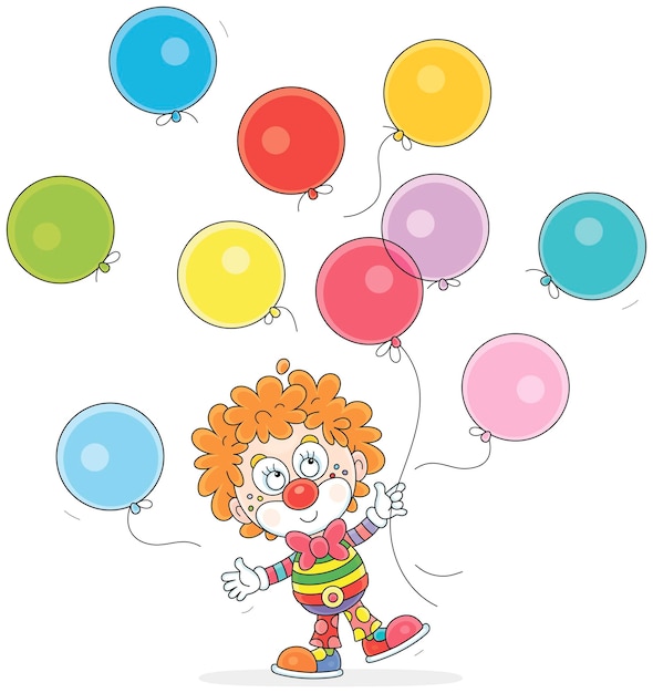 Un Drôle De Clown De Cirque à La Tête Bouclée Joue Avec Des Ballons De Vacances Colorés Dans Une Représentation Amusante.