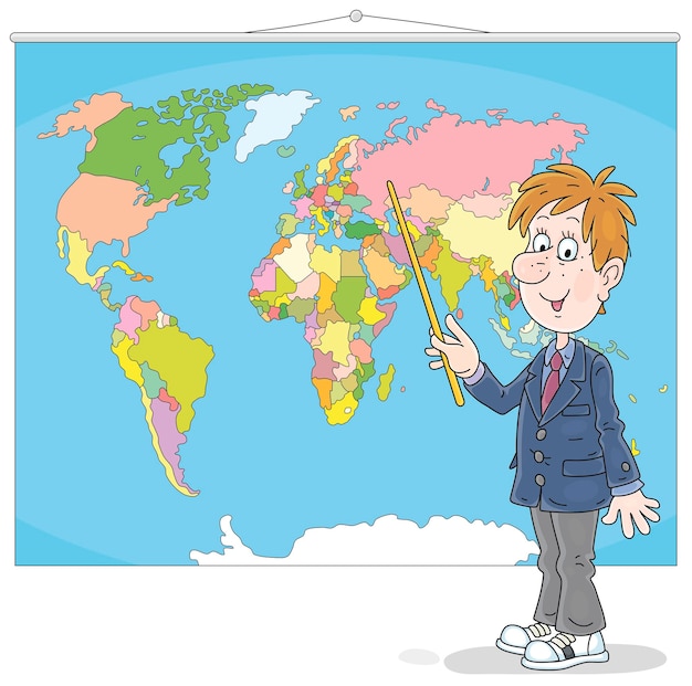 Drôle d'écolier pointant vers les comtés sur une carte du monde et décrivant à leur sujet