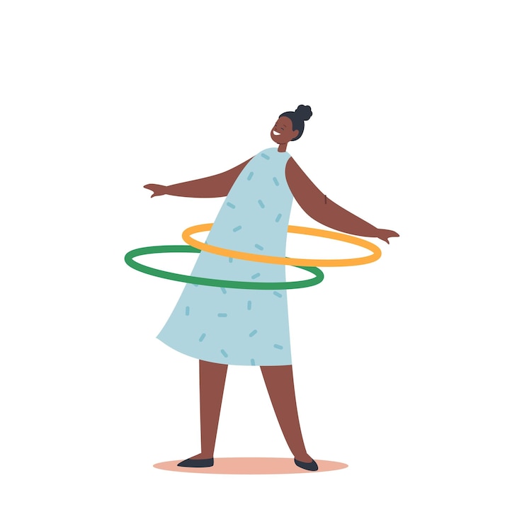 Vecteur drôle de fille africaine jouant avec hula hoop isolé sur fond blanc kid character rolling and spinning ring