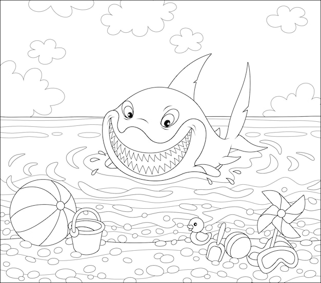 Vecteur drôle de grand requin blanc nageant dans l'eau sur une plage de mer d'été et souriant amical