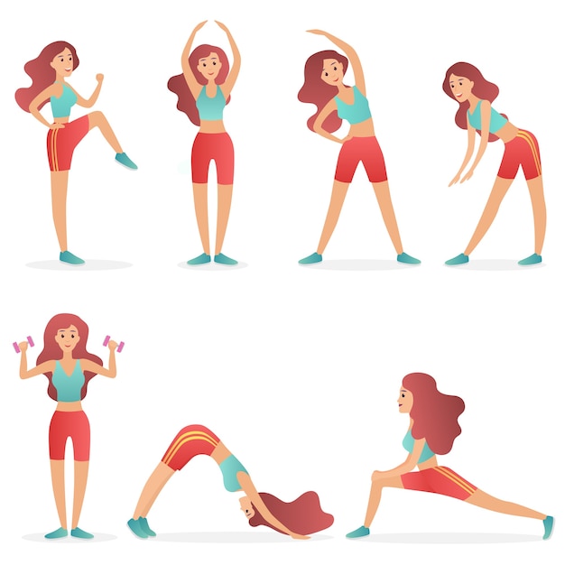 Drôle Jolie Femme Exerçant Diverses Poses De Remise En Forme De Formation Différents Exercices Mis Illustration Vectorielle