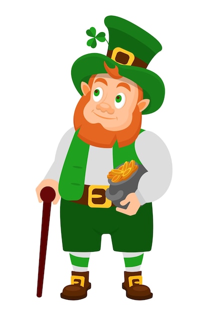 Drôle De Personnage Fantastique Irlandais Gnome Leprechaun Fête De Saint Patrick Leprechaun En Robe Traditionnelle Et Couvre-chef Avec Canne Et Un Pot D'or Dans Les Mains Le Jour De La Saint Patrick Dessin Animé Vectoriel