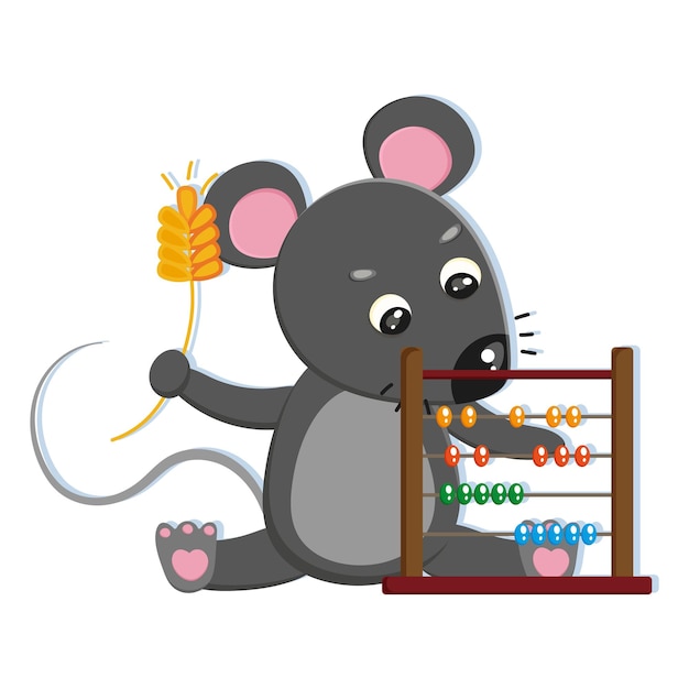 Vecteur drôle de petite souris apprenant les mathématiques sur le boulier animal de dessin animé mignon pour étudier l'anglais à l'école autocollant d'enfant de souris intelligent heureux enfant personnage d'élève pour imprimer illustration vectorielle plane colorée