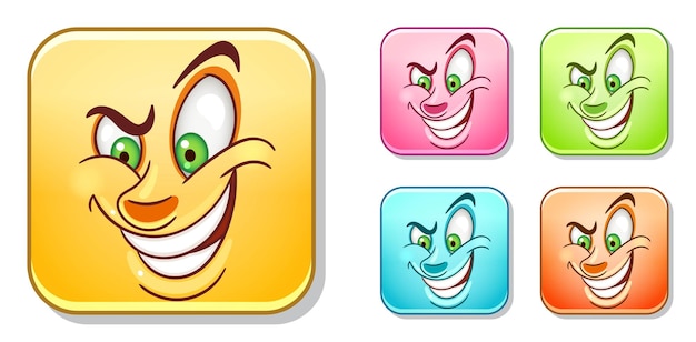 Drôle De Visage Emoji Insidieux Avec Un Sourire Diabolique. Visage Comique De Dessin Animé Dans Des Couleurs Vives.