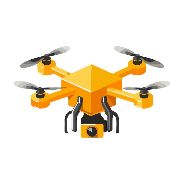 Drone aérien quadcopter jaune avec caméra pour la surveillance photo-vidéo ou la livraison isolé sur fond blanc Illustration vectorielle de style dessin animé pour n'importe quelle conception