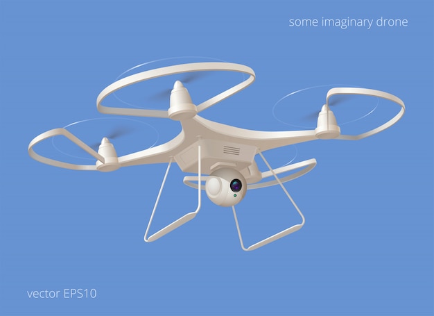 Drone moderne imaginaire. Quadcopter en plastique blanc volant dans le ciel bleu.