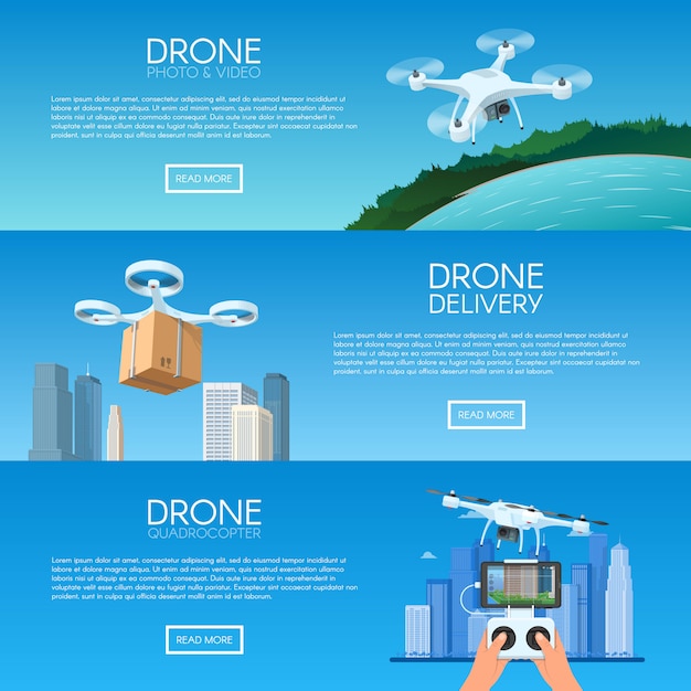 Vecteur drone avec télécommande survolant la ville. livraison de pizza en quadcopter. drone aérien avec caméra prenant la photographie et illustration de concept vidéo