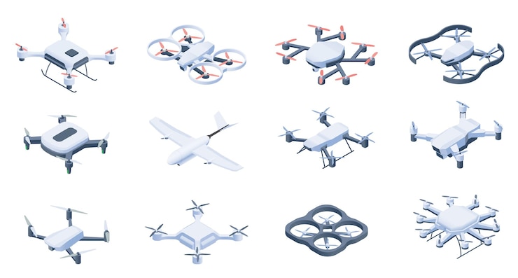 Vecteur drones isométriques drones aériens sans pilote contrôle à distance surveillance de véhicules multicoptères technologie d'hélicoptères robotiques sans fil drones isomiques vectoriels