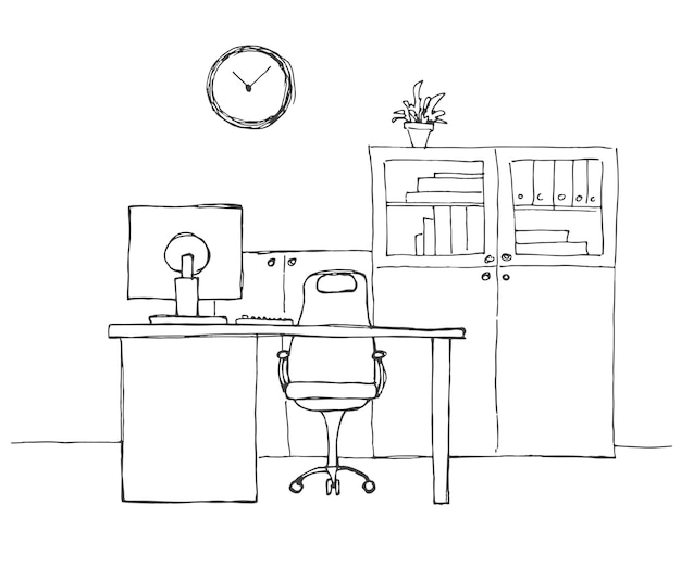 DrukowanieOffice dans un style de croquis Mobilier de bureau dessiné à la main Illustration vectorielle