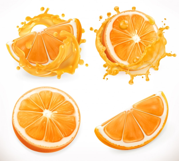 Vecteur du jus d'orange. fruits frais et éclaboussures. réalisme 3d, jeu d'icônes