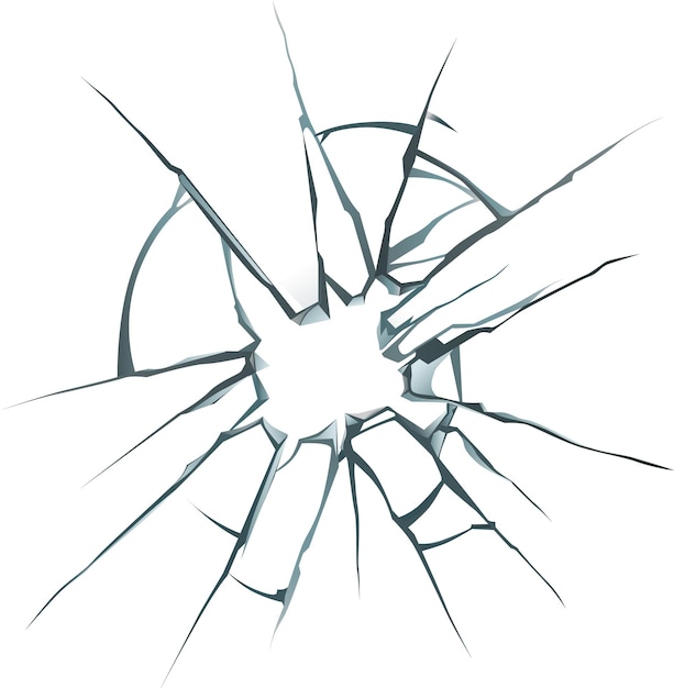 Du verre brisé avec des fissures radiales émanant d'un trou central créant un effet visuel spectaculaire sur un fond blanc adapté à diverses applications de conception
