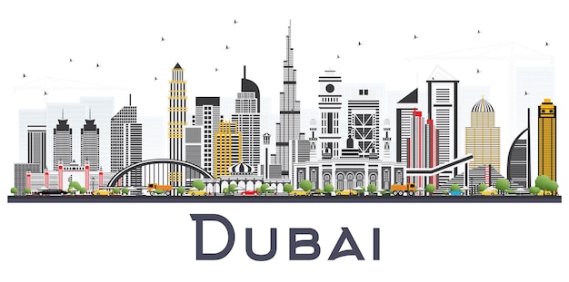 Dubaï Émirats Arabes Unis avec des bâtiments gris isolé sur fond blanc. Illustration vectorielle. Voyage d'affaires et tourisme Illustration avec l'architecture moderne.