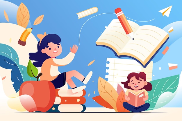 Éducation préscolaire pour les enfants avec des livres et des crayons de papeterie dans l'illustration vectorielle d'arrière-plan