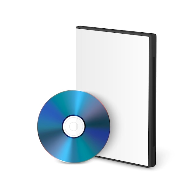 Vecteur dvd de cd bleu réaliste vectoriel 3d avec boîte isolée sur boîte de cd blanche modèle de conception d'emballage pour la maquette d'icône de disque compact vue avant