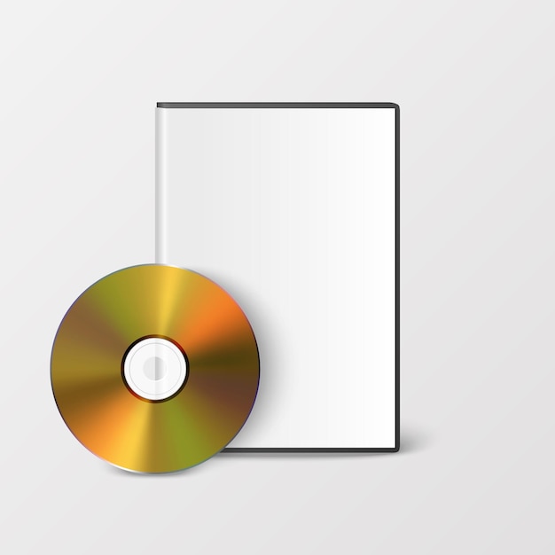 DVD de CD doré réaliste vectoriel 3D avec enveloppe en plastique Case de boîte de CD isolée Modèle de conception d'emballage pour la maquette de l'icône du disque compact vue avant