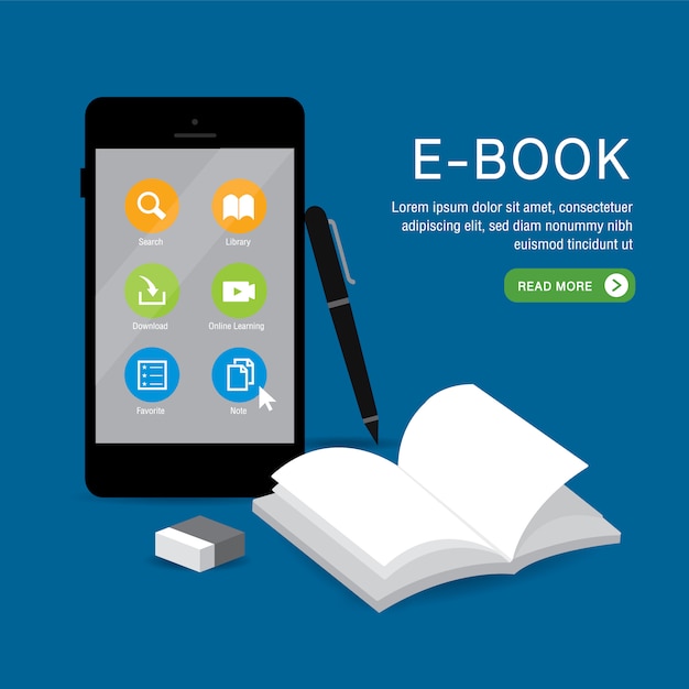 E-book Online Education Application Learning On Phone, Mobile, Website. Avec Livre Blanc De Couverture De Livre Blanc Ouvert Sur Fond. Illustration.