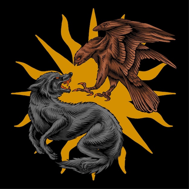 Eagle Fight Wolf Illustration Vecteur Premium