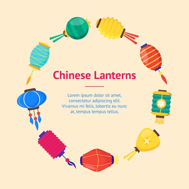 Vecteur east chinese paper street ou house lanterns banner card circle vector
