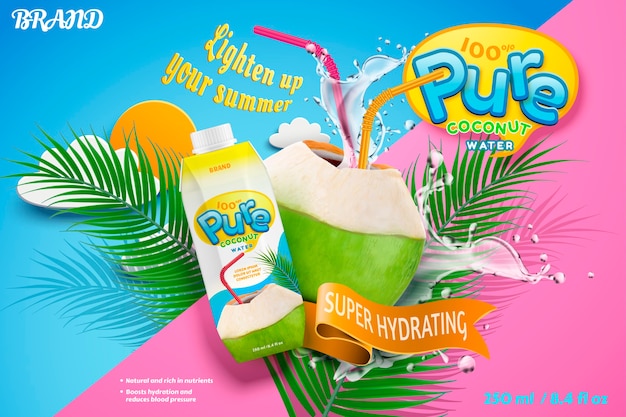 L'eau de coco avec un liquide rafraîchissant éclaboussant du fruit avec de la paille rouge en illustration, fond géométrique