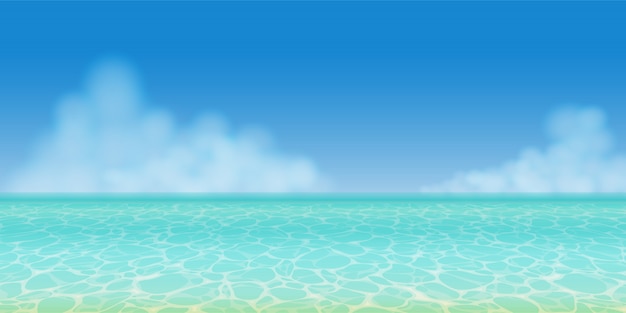 Eau de mer d'été turquoise clair réaliste en vue panoramique avec ciel bleu et nuages