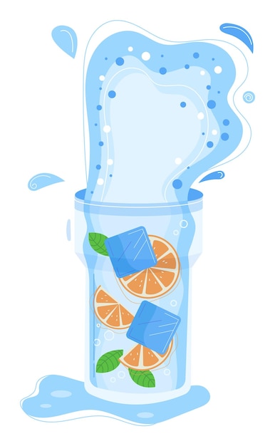 L'eau rafraîchissante infusée d'orange renversant le verre boisson glacée éclaboussure boisson d'été de mouvement animé