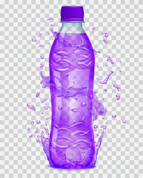 De L'eau Transparente éclabousse De Couleurs Violettes Autour D'une Bouteille En Plastique Transparente Avec Un Liquide Violet Bouteille Avec Un Bouchon Violet Rempli De Jus Violet Transparence Uniquement Dans Un Fichier Vectoriel