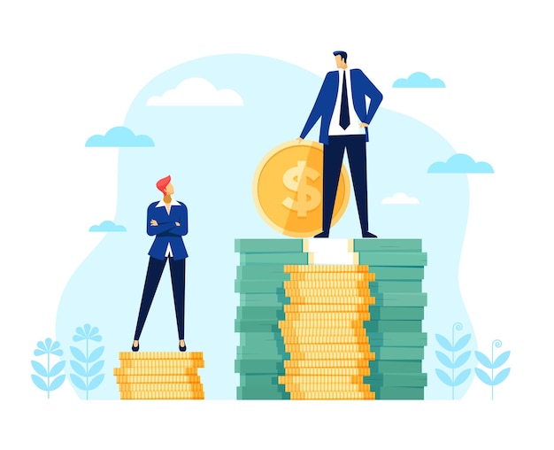 Écart salarial entre les sexes homme d'affaires femme d'affaires debout sur la pile d'argent discrimination financière inégale salariale