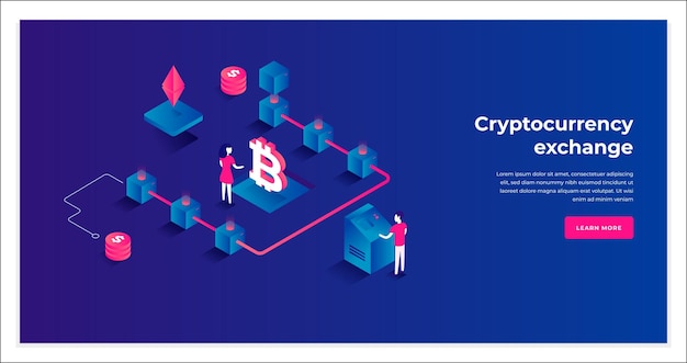 Échange de crypto-monnaie chaîne de blocs virtuelle bitcoin exploitation minière illustration vectorielle de page de destination isométrique processus de cryptographie d'entreprise transaction de cyberespace financier avec place pour la bannière de texte