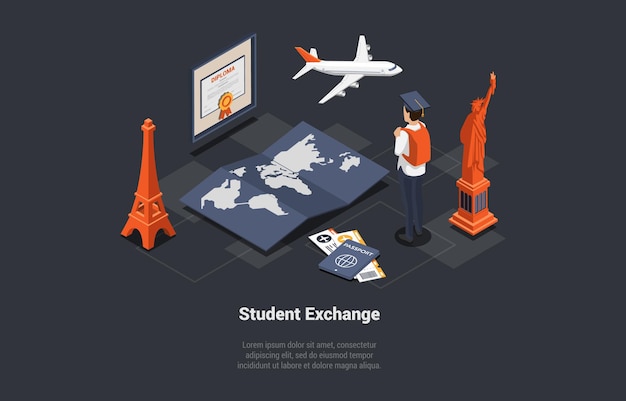 Échange D'étudiants Programme De Travail Et De Voyage étudiants En échange De Garçons Choisissant Un Pays Pour étudier à L'étranger, Debout Devant Une Immense Carte Du Monde, Une Statue D'avion Et Un Diplôme Illustration Vectorielle 3d Isométrique