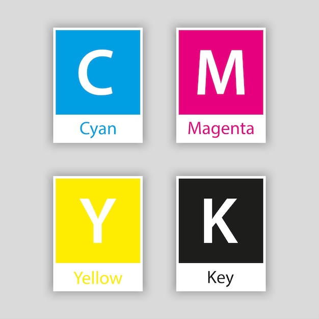 Vecteur Échantillon séparé en couleur cmyk avec le nom de la couleur isolé sur fond blanc cyan magenta jaune clé noire