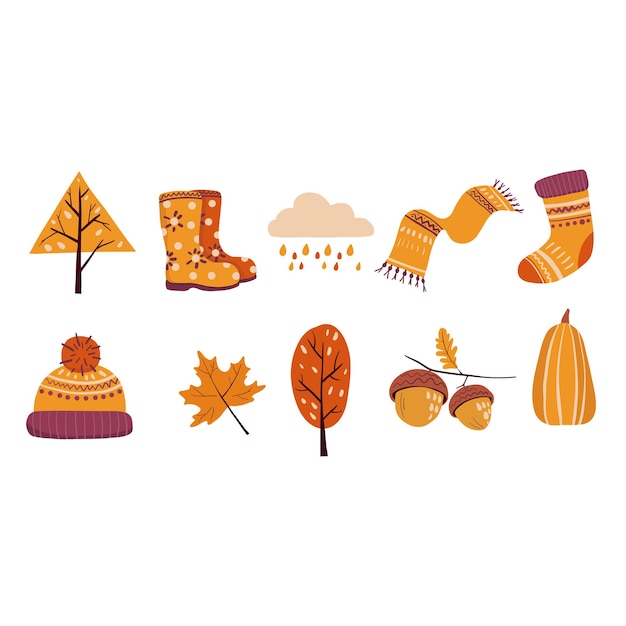 écharpe bottes chapeau de laine arbres feuille d'érable pluie nuage glands chaussettes citrouille