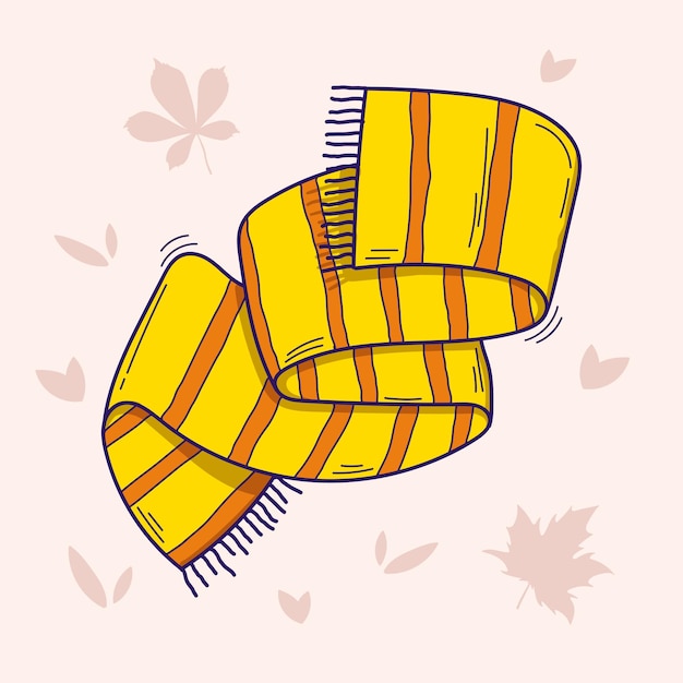 Vecteur Écharpe d'hiver chaude illustration vectorielle d'une écharpe tricotée à rayures jaunes dans un style doodle isolée sur fond clair avec des feuilles d'automne