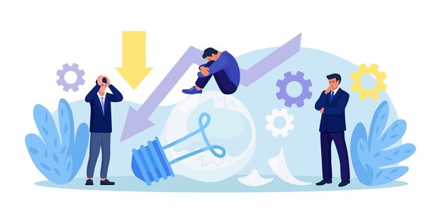 Échec du démarrage d'une entreprise Faillite inattendue d'un entrepreneur Homme d'affaires déprimé assis sur une ampoule cassée Échec d'une nouvelle entreprise Épuisement professionnel ou épuisement dû à la crise aucune nouvelle idée ou inspiration