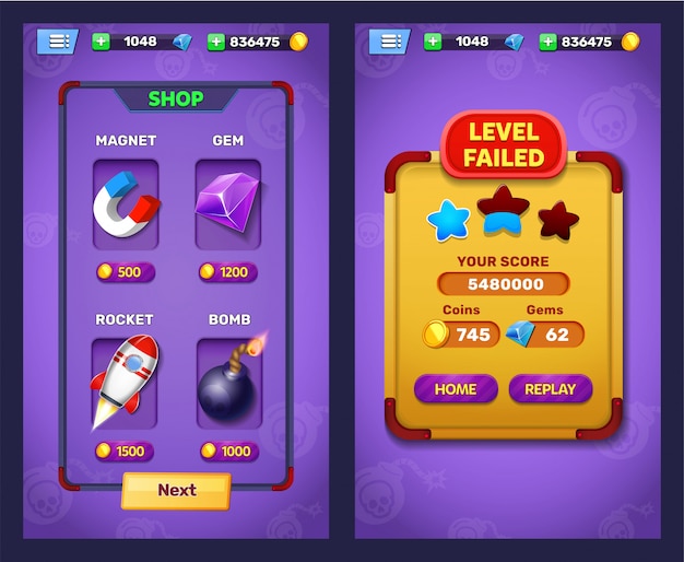 Échec du niveau du jeu fantastique et écran de sélection du niveau