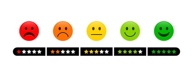 Échelle de rétroaction Emoji avec ligne d'étoiles Icône Service à la clientèle et signe de révision d'évaluation Ensemble d'émoticônes tristes neutres et heureux en colère Illustration vectorielle de rétroaction d'émoticône