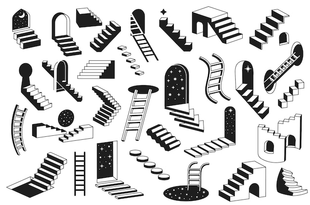 Vecteur Échelles surréalistes escaliers mystérieux cages d'escalier de rêve et niveaux abstraits vol noir et blanc de marches illustration vectorielle ensemble d'escalier et d'échelle surréalistes