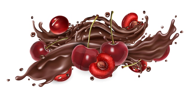 Éclaboussure De Chocolat Liquide Et De Cerises Fraîches.