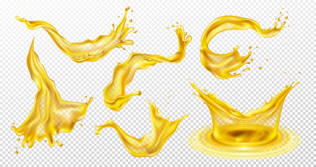 Vecteur Éclaboussure jaune mouvement d'huile jus de citron ou d'ananas bière goutte et gouttes éclaboussures de liquide vagues d'eau 3d annonçant une boisson gazeuse ou du miel éléments réalistes pour la conception ensemble vectoriel isolé