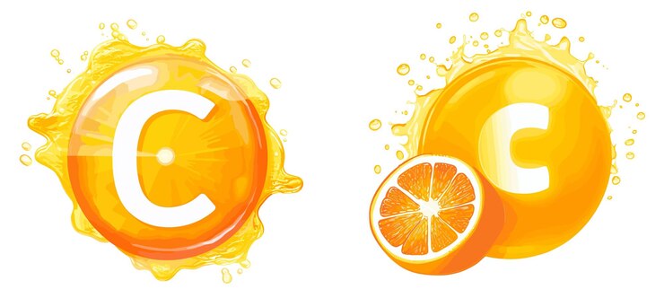 Vecteur éclaboussure de jus d'orange avec la lettre c et le fruit d'orange illustration vectorielle