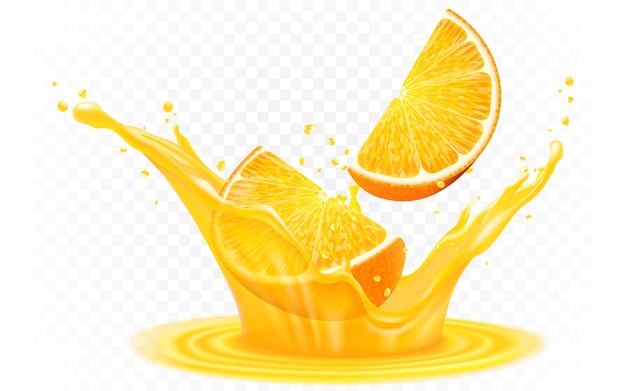 Vecteur Éclaboussure de jus avec une tranche d'orange vecteur réaliste 3d agrumes liquide été tropical vacances boisson symbole vitamine fraîche liquide sucré qui coule en mouvement isolé fond illustration