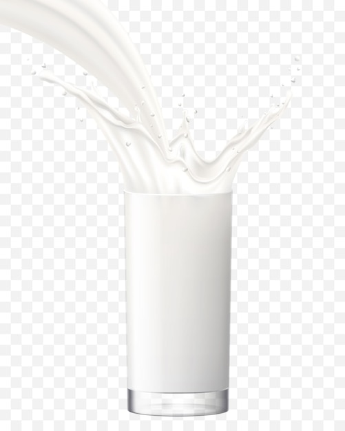 Éclaboussure de lait dans un verre Lait ou yaourt versé dans du verre Illustration vectorielle 3d réaliste isolée sur fond transparent